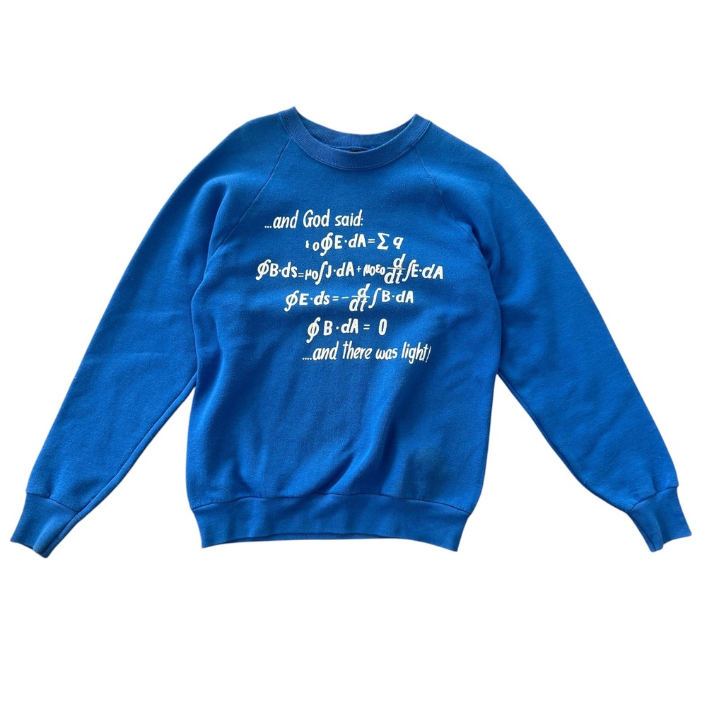 VTG 80s Screen Stars God Said Let There Be Light Physics Sweatshirt L Blue USA